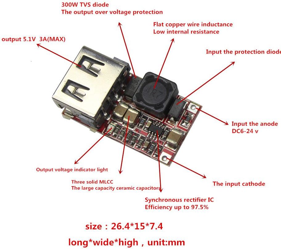 Spanningsregelaar voedings module step-down 6-24V naar 5V 3A USB-A pinout